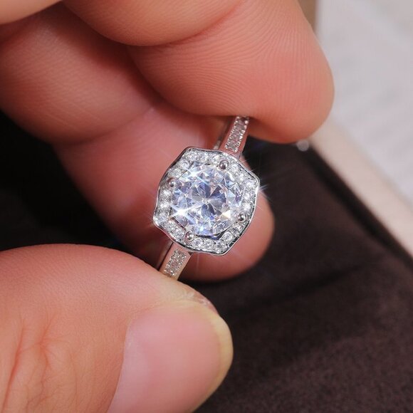 Engagement Hollow Anillos Sparkling Round CZ Dainty Silver Rings, L133 - Picture 6 of 7